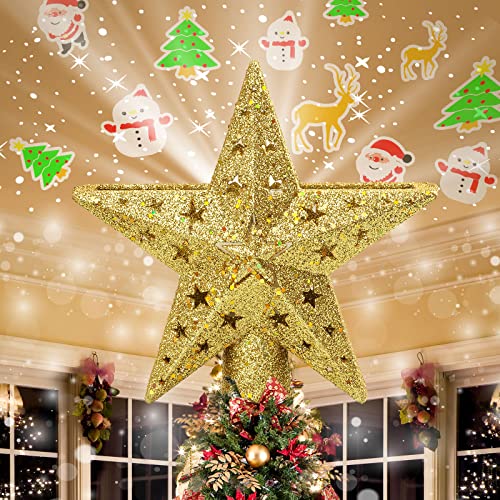 Decoración para árbol de Navidad, con 5 patrones dinámicos de luces LED, proyector e interruptor giratorio, purpurina 3D, hueco, color dorado Cover