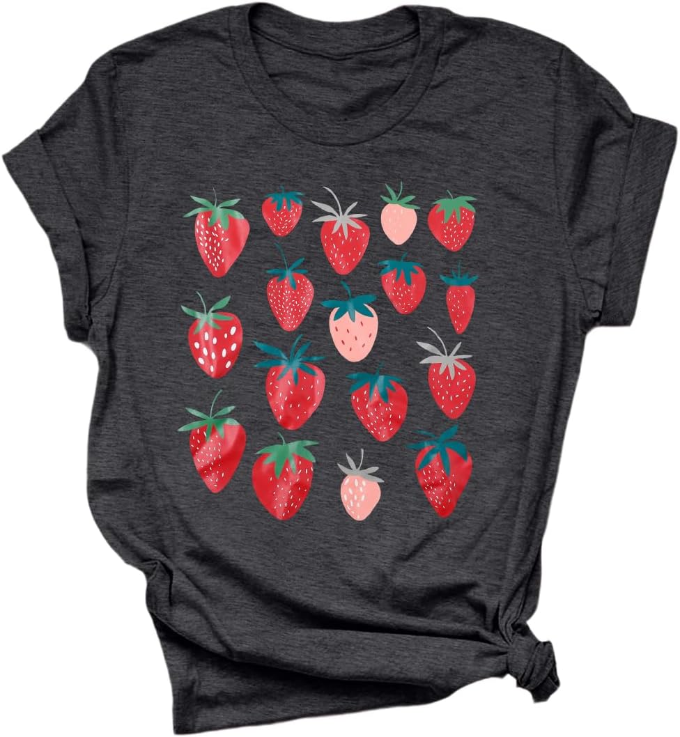 Strawberry Shirt for Women Cute Pink Graphic Tee Girls Fruit Lovers Shirts Garden Casual Summer Tee Tops