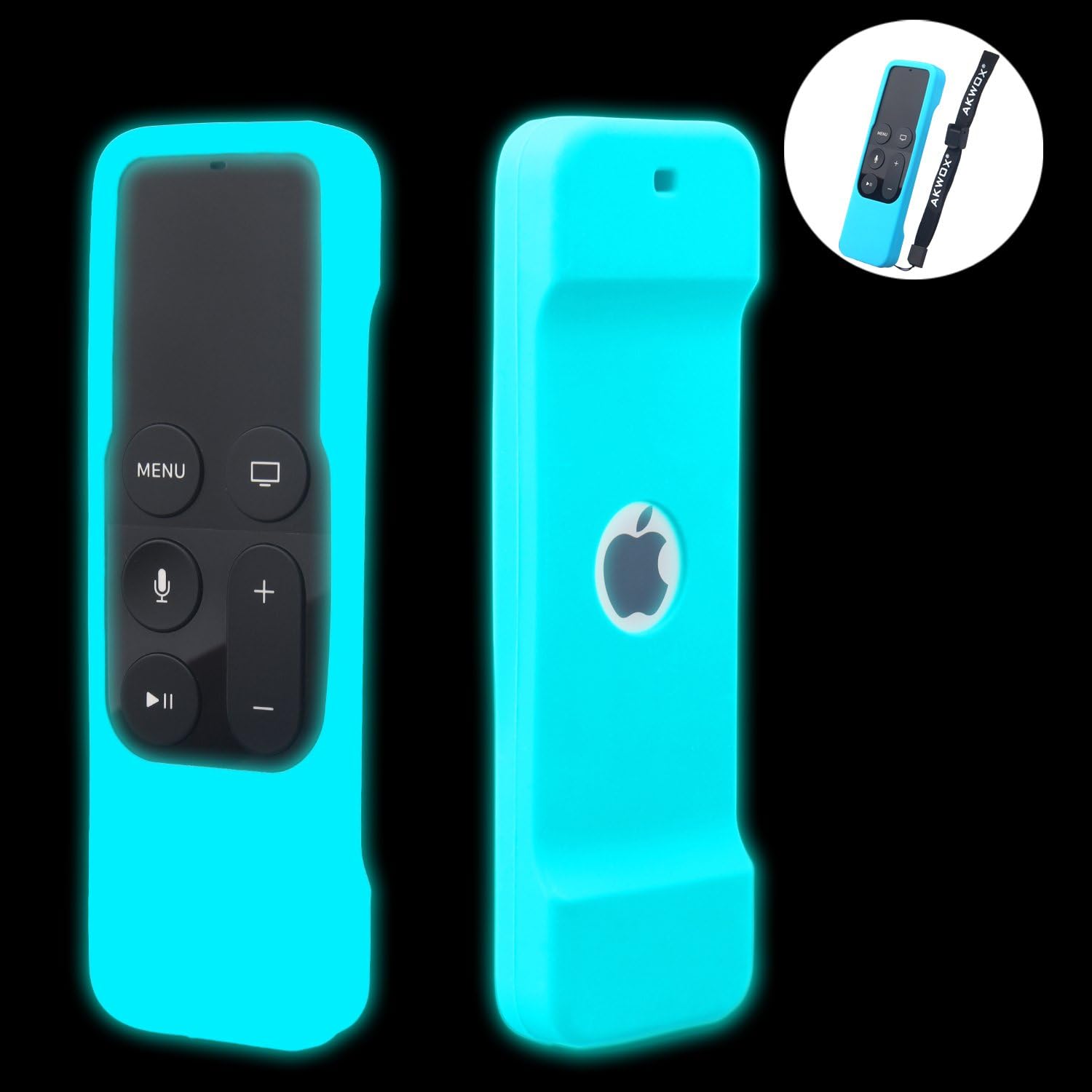 AKWOX [Nightglow Blue] Case for Apple TV 4K / 4th Gen Remote, Light Weight [Anti Slip] Shock Proof Silicone Cover for Apple TV 4K Siri Remote Controller [Lanyard Included] AK-MT014NTBL