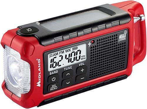 Midland ER210 - Radio AM/FM compacta de emergencia con manivela, múltiples fuentes de alimentación que funciona como linterna de emergencia SOS,