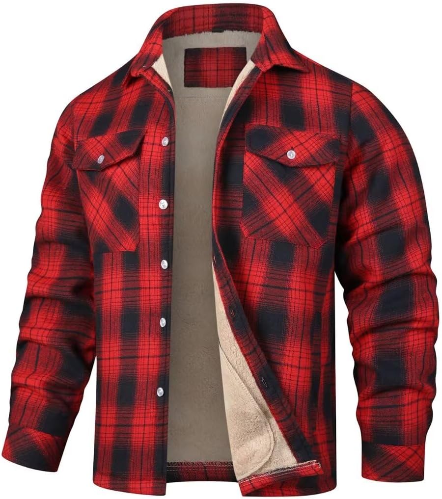 INVACHI Men's Flannel Jacket Plaid Sherpa Lined Flannel Shirt Snap Button Warm Winter Jackets Pockets