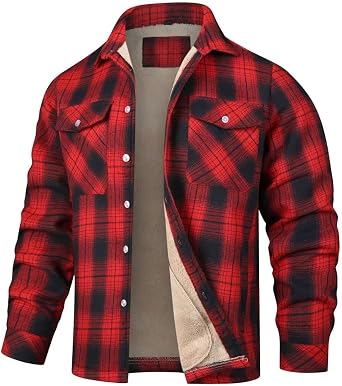 INVACHI Mens Flannel Jacket Plaid Sherpa Lined Flannel Shirt Snap Button Warm Winter Jackets Pockets