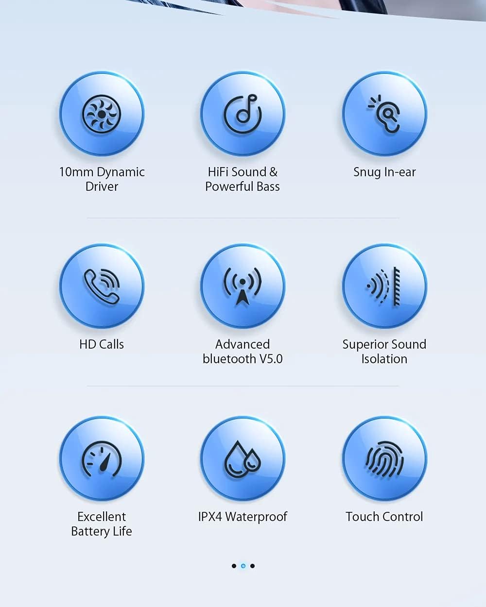 Icons representing key features of AIRAUX AA-UM11 earbuds