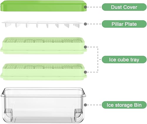 Miniatura 5 de Bandeja para cubitos de hielo con tapa y contenedor, 64 moldes para cubitos de hielo, bandejas de hielo para congelador, molde de bandeja para