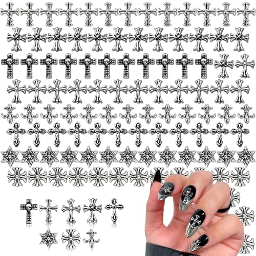 120 PCs Silver Cross Nail Charms Sturdy and Easy-to-Apply Cross Charms for Nails 3D Art Details for DIY & Professional Use | Ideal for Different Designs Nail Art Design & Manicure Supplies