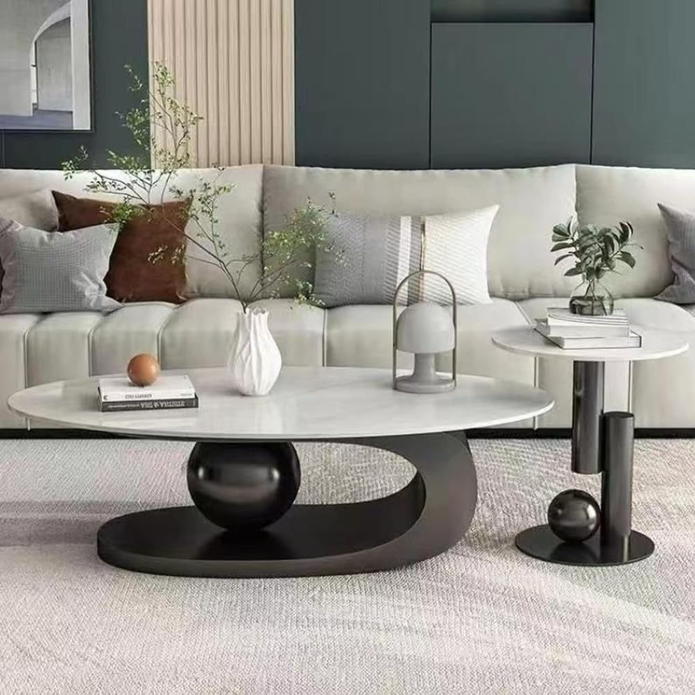 Oval Stone Coffee Tables for Living Room,Modern Oval Coffee Table Contemporary Stone,Center Table with Side Tables Set of 2,Abstract Tables for Living Room,Office,White,120 * 60cm