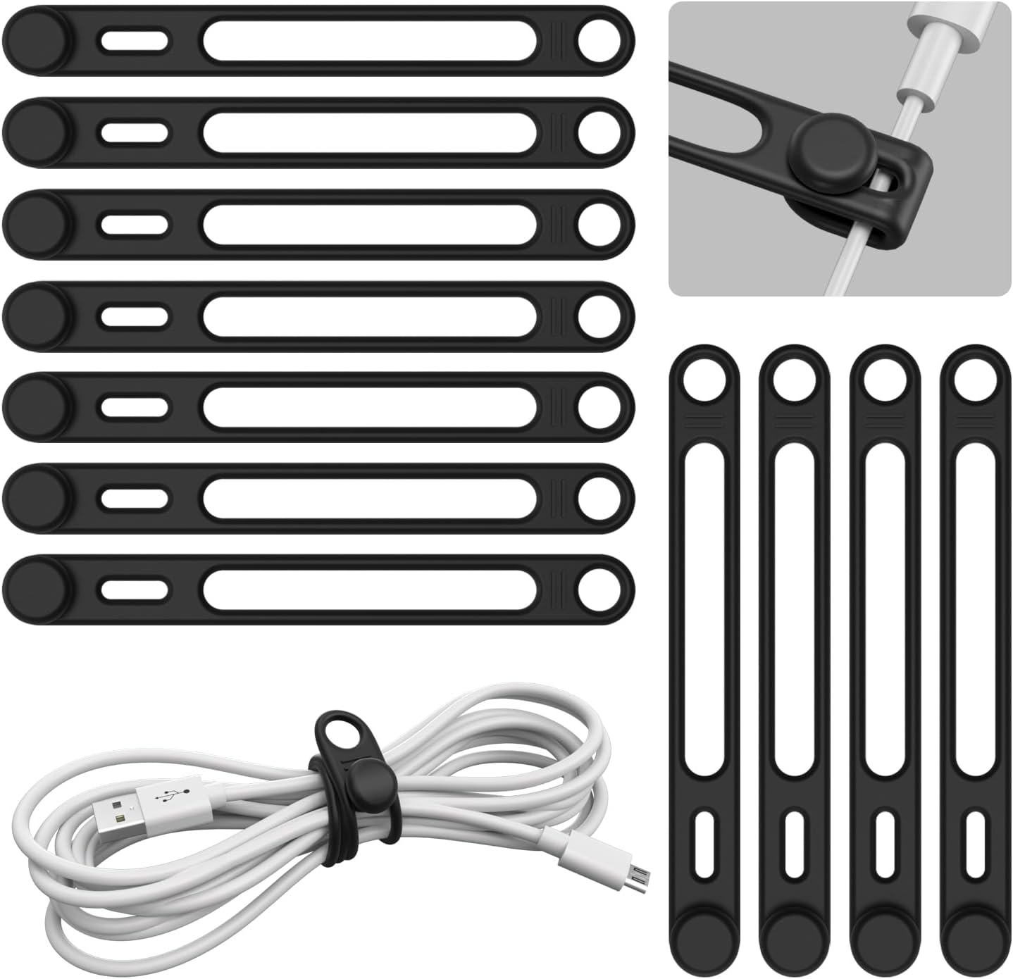 10 Pcs Silicone Reusable Cable Ties, Viaky Cord Organizer Wire Holders for Cords Cable Straps Travel USB Charging Earphone Cable Management (Black-2)