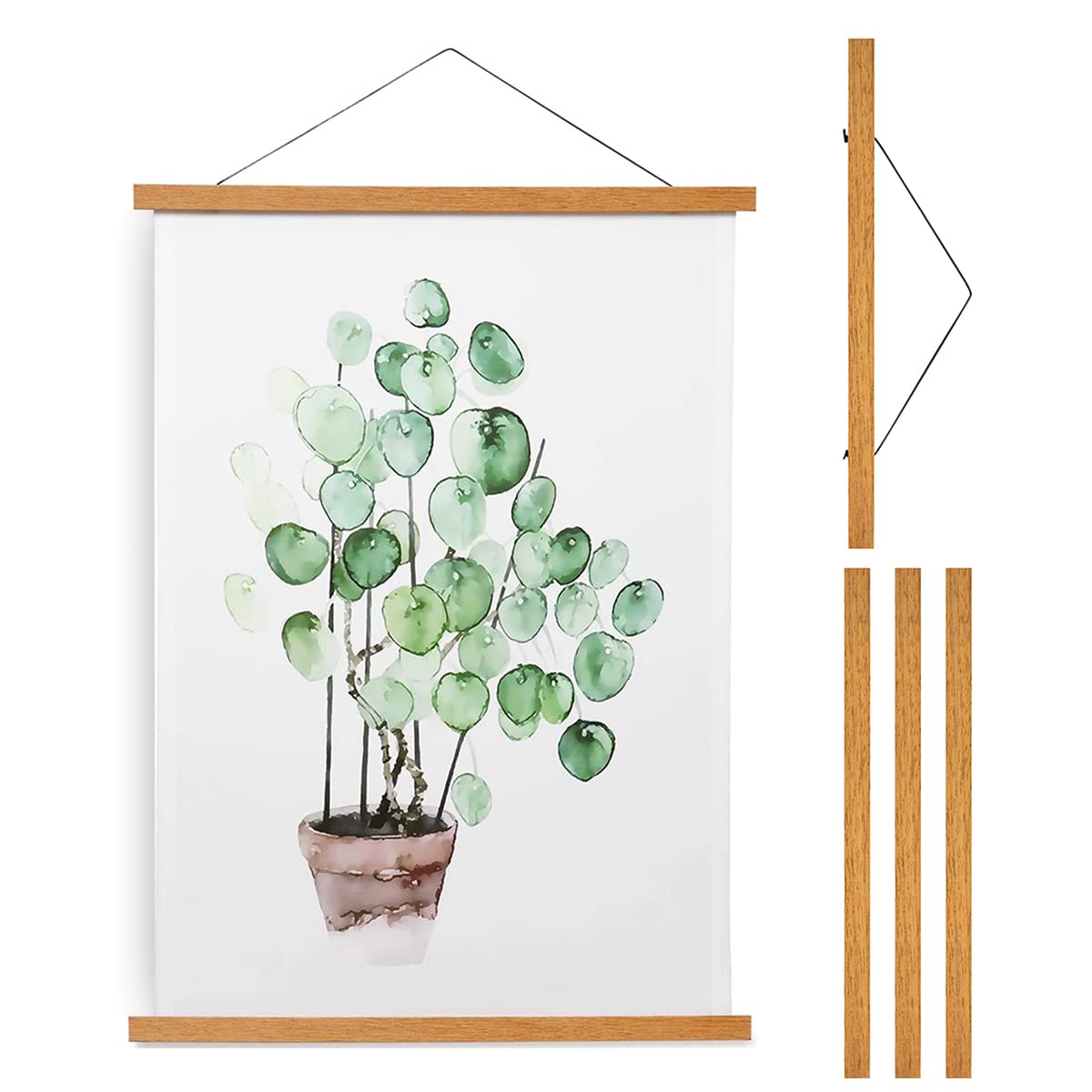 Caffney Wood Poster Frame 4Pcs Magnetic Poster Hanging Rod Simple Teak Wood Photo Hangers Kit with Hanging Rope for Photos Canvas Prints Artwork Home Dorm Interior Decor(dark/21cm)