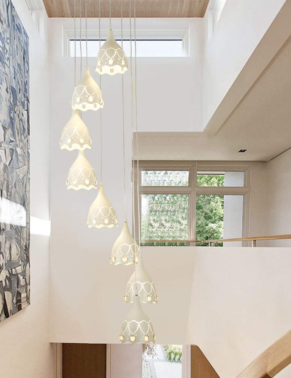 LYMSXAZOU 8 Lights Long Chandelier White Color Staircase Duplex Building Multi Pendant Light Villa Hollow Living Room Small Apartment Loft Rotating 40x200cm Made in China