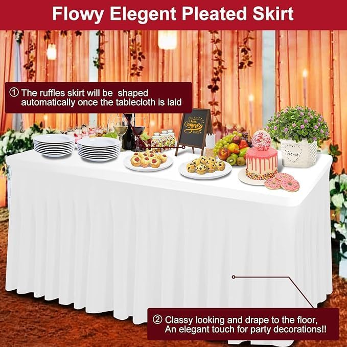 Miniatura 4 de Falda de mesa y funda gruesa de elastano 2 en 1 de 4 pies, mantel rectangular ajustable con falda plisada, mantel rectangular sin arrugas