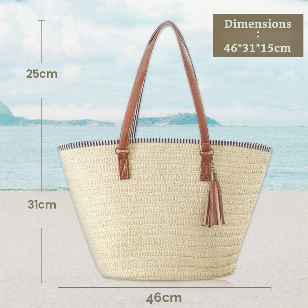 Pahajim Sac de Plage Femme avec Fermeture Tote Bag Grande Sac de Paille Tricotage à la Main Boho Style pour les Voyages, les Vacances, le Shopping(Marron)