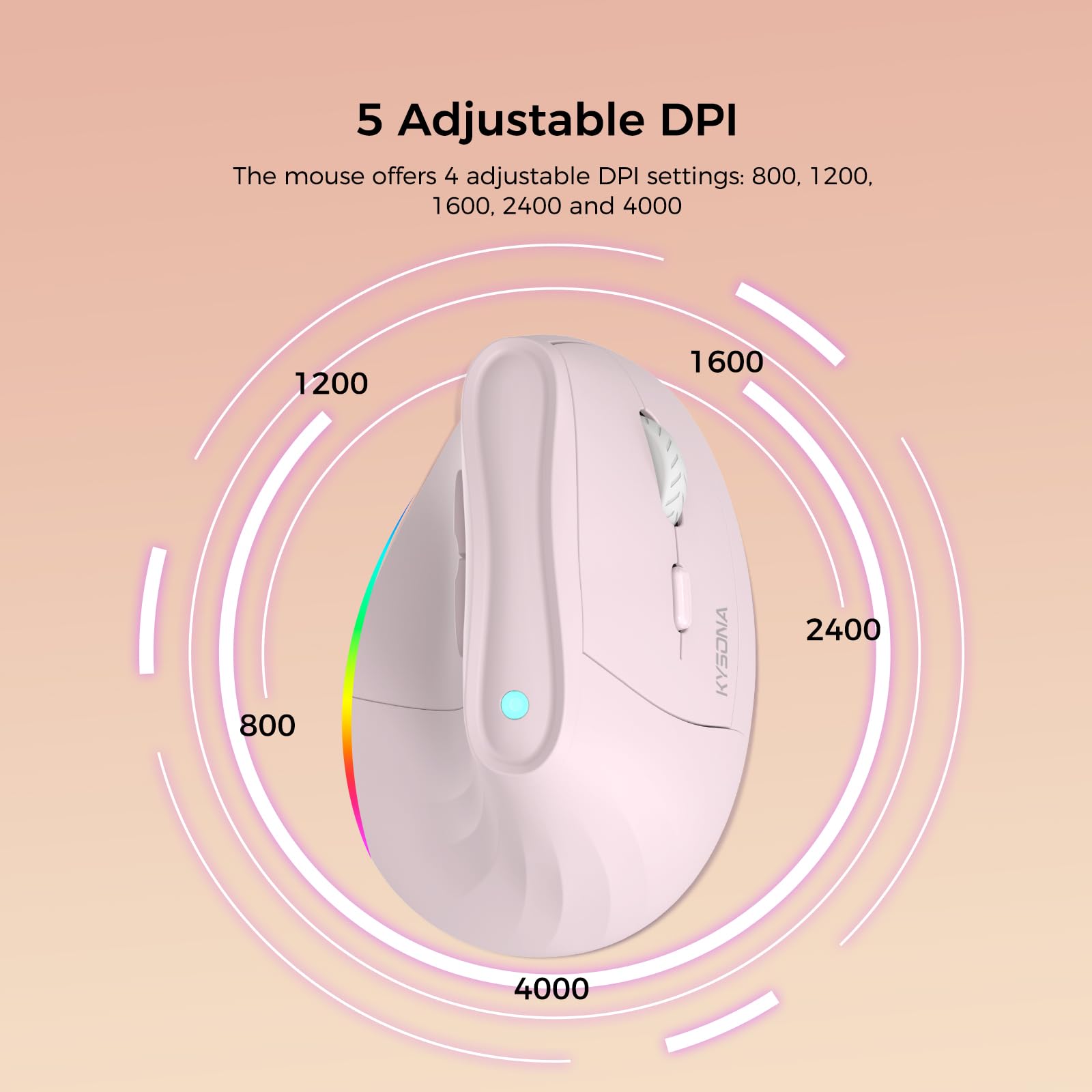 KYSONA Ratón ergonómico inalámbrico recargable de 57°, mouse Ergo silencioso vertical, Bluetooth (BT5.0, BT3.0) y 2.4G, (800/1200/2400/2400/4000), 7 botones para Windows, macOS, iPadOS, portátil, PC,