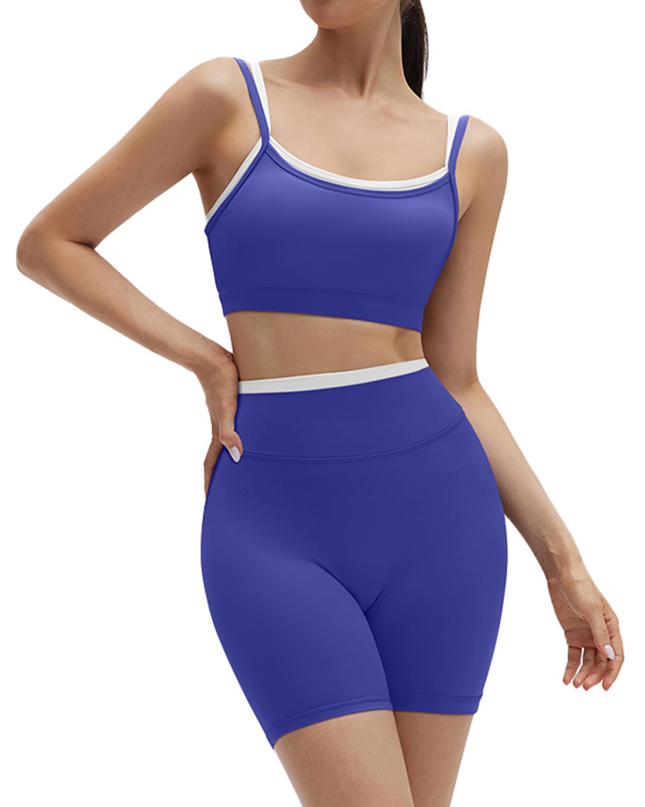 SUUKSESS Women 2 Pieces Workout Sets Padded Spaghetti Straps Camis High Waist Biker Shorts