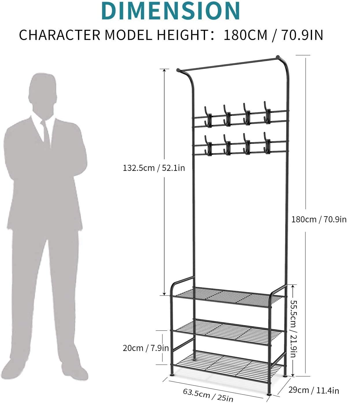 ALVOROG Entryway Coat Rack Shoe Bench, 3-in-1 Hall Tree, 3-Tier Storage Shelves with 16 Hooks Multifunctional Hallway Organizer, Easy Assembly (Black)