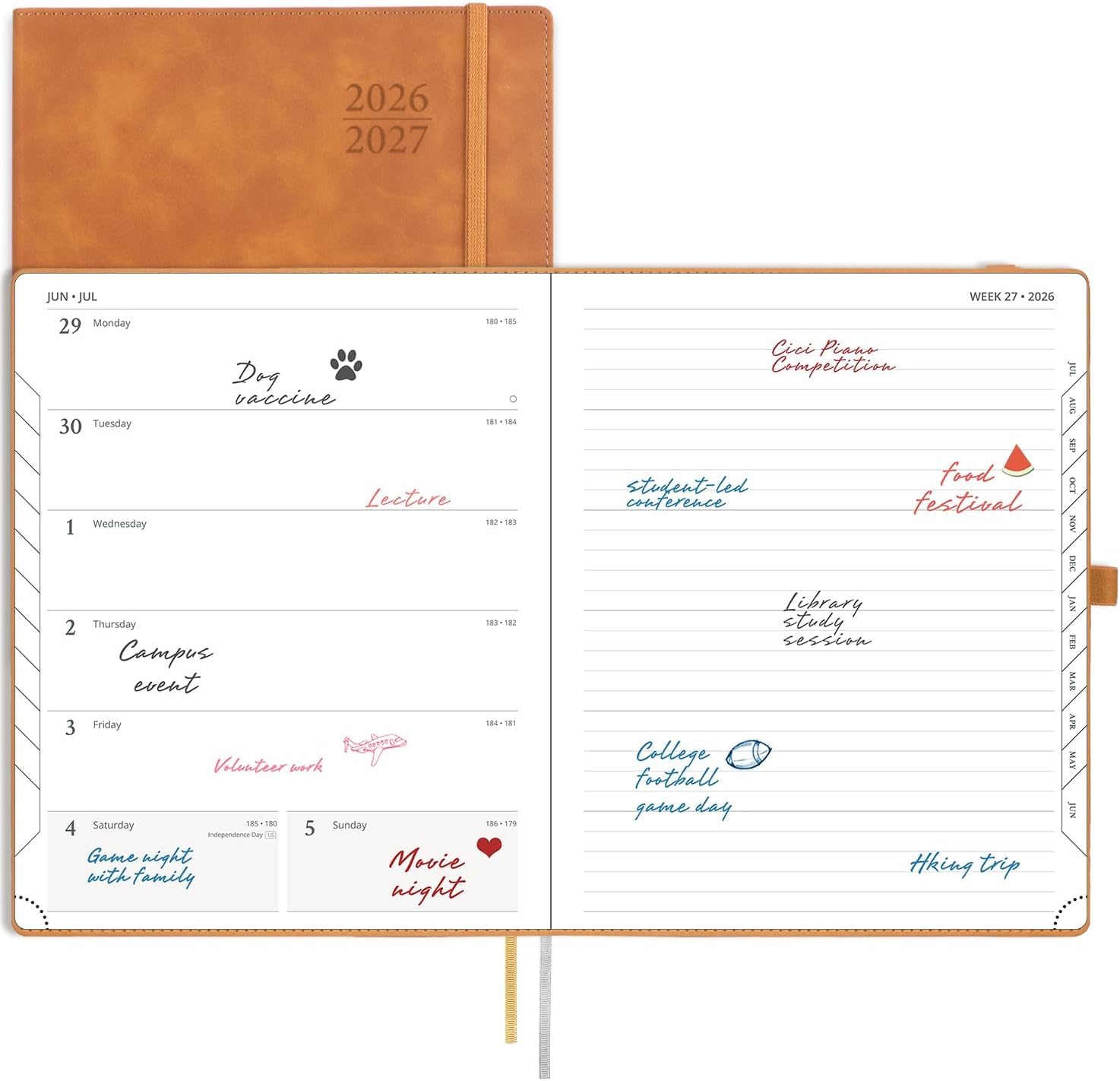 POPRUN Weekly Planner 2026-2027 (Large 8.5''x 10.5'') Academic Calendar (JUL.26 - JUN.27) Appointment Book with Monthly Tabs, Leather Soft Cover, Inner Pocket, 100 GSM - Brown