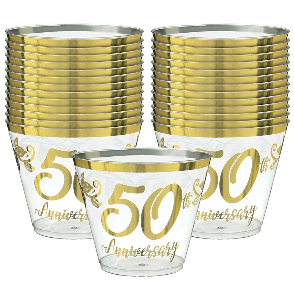 amscan 352503 Happy 50th Anniversary Trinkgläser, 266 ml, goldfarben, 30 Stück, mehrfarbig