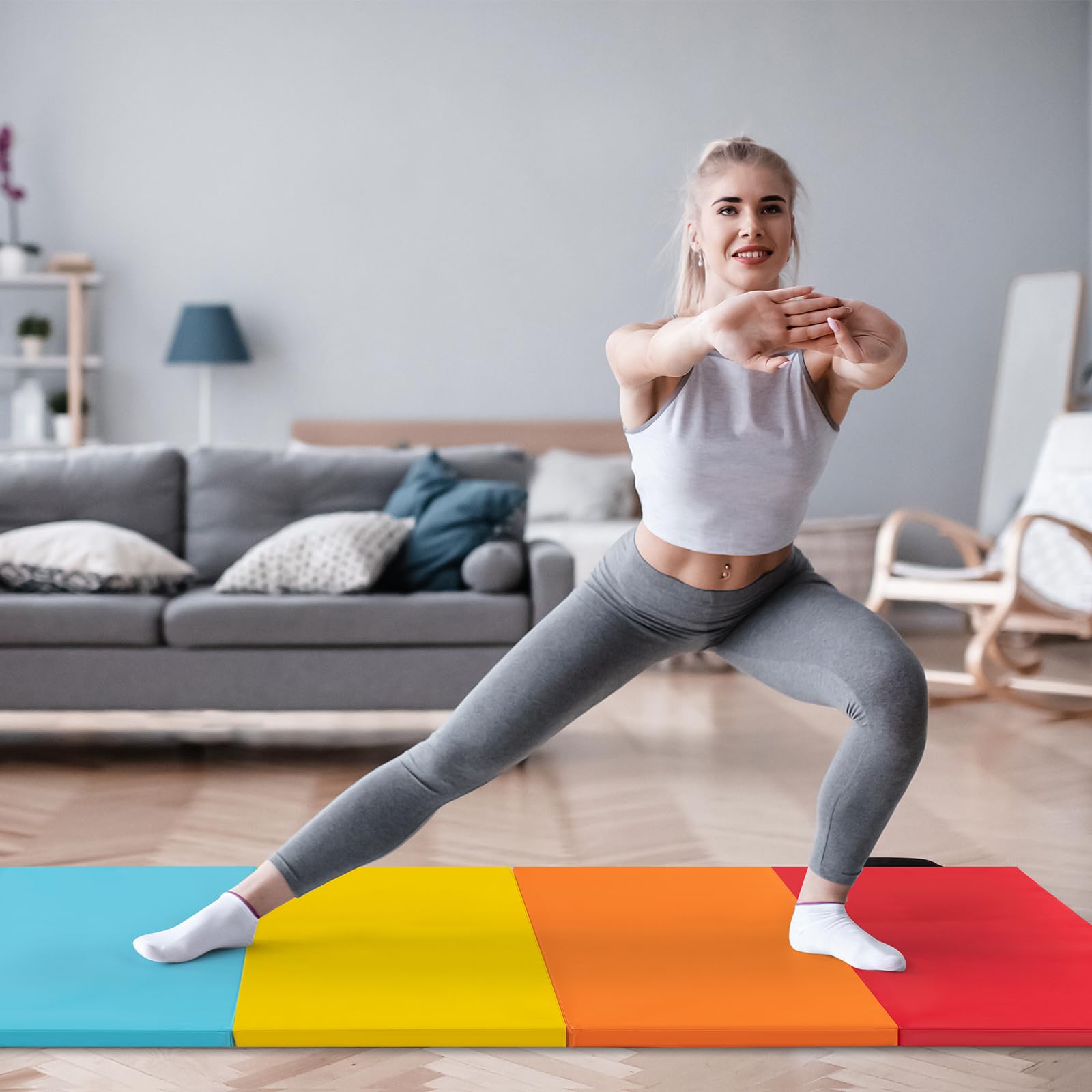 GYMAX Tappetino da Ginnastica Pieghevole a 3 parti, Tappetino Portatile con Velcro, Materasso da Allenamento con Maniglie Portatili per Bambini e Adulti, Tappetino Allenamento