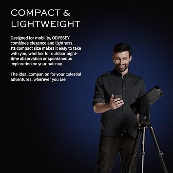 Odyssey - UNISTELLAR Smart Telescope (no Eyepiece), 85mm f/3.9 (320mm) Digital & Computerized, App-Controlled Motorized Alt-Az, Enhanced Vision, RAW/FITS Export, 64GB, Tripod, 5h Battery (Black)
