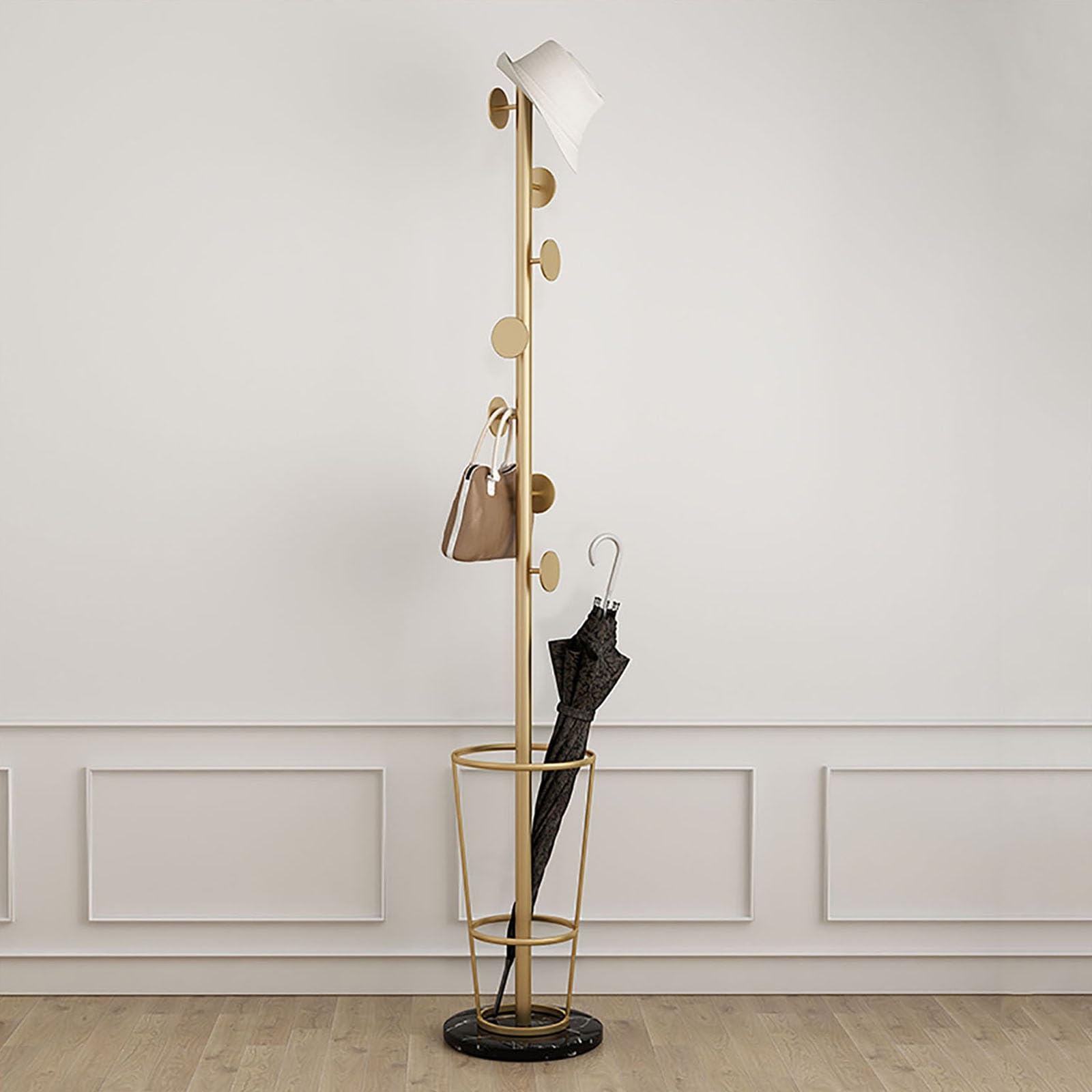 HYLYGFH Stylish Metal Umbrella Stand & Coat Rack with Marble Base - Entryway nizer with Multiple Hooks for Umbrellas & Coats - Durable & Elegant Storage Solution