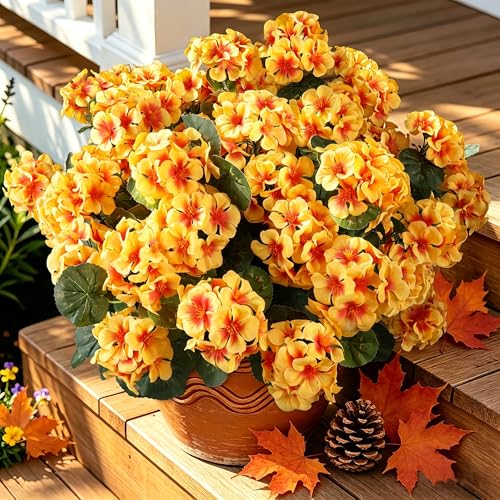 Artificial Geraniums Fall Flowers for Outdoors,6Pcs Realistic Fake Silk Yellow Flowers,UV Resistant No Fade Faux Plants forAutumn Outside Planters,Front Porch,Garden,Patio,Balcony,Yard,Home Decor