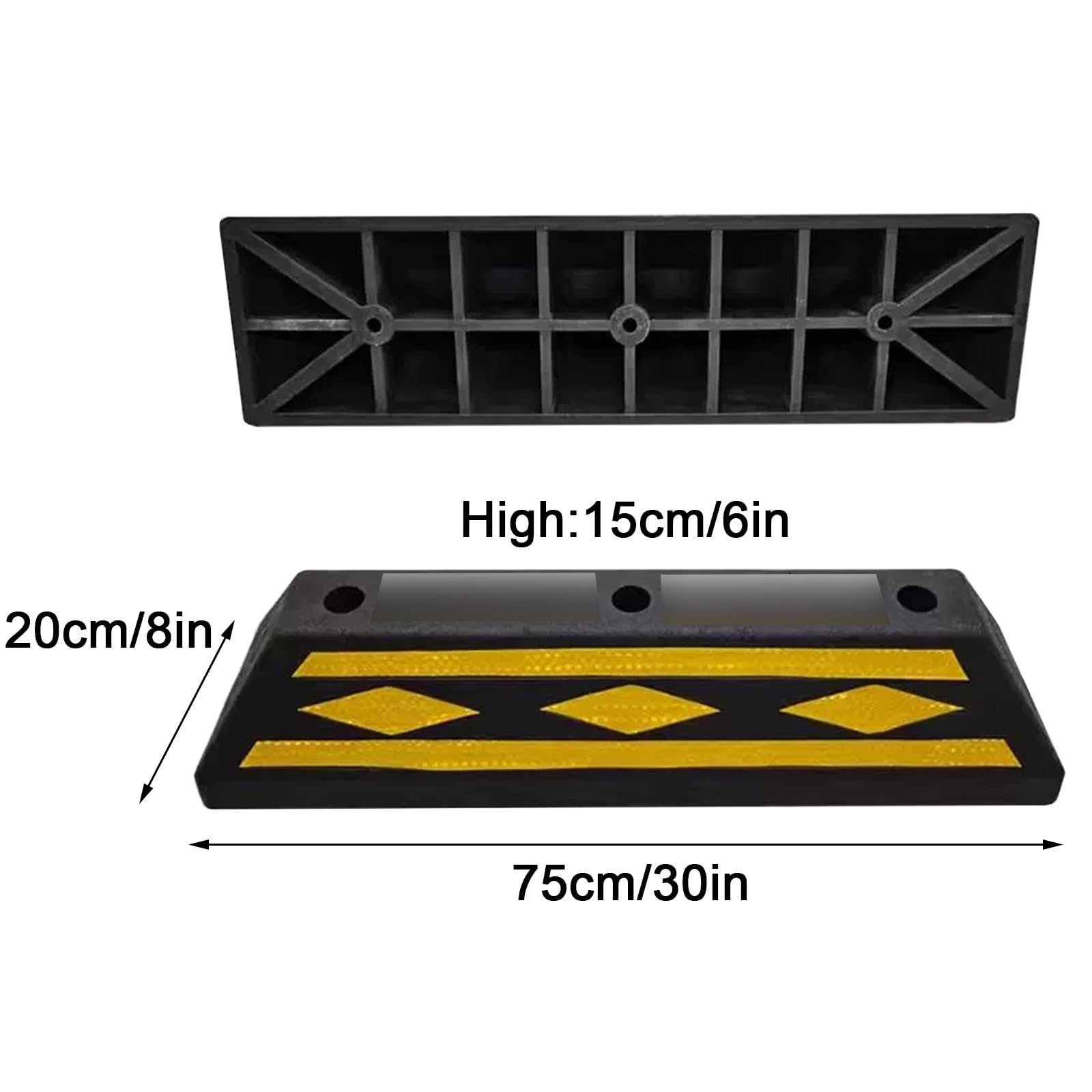 Topes de Piso de Garaje para Vehículos, Tope de Rueda de Acero, Material de Goma Resistente con Tiras Reflectantes Amarillas para Evitar Colisiones y Arañazos