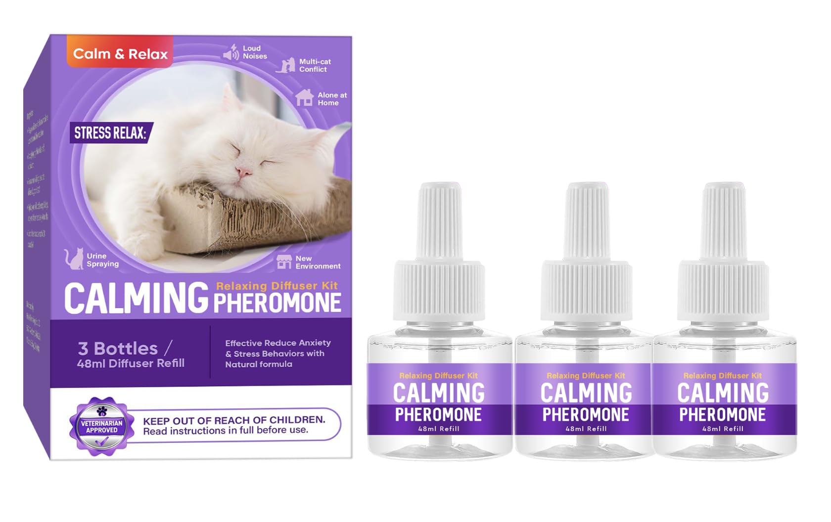 Ricarica Diffusore di Feromoni Calmanti per Animali Domestici – 3 Flaconi da 48 ml – Favorisce Calma e Benessere in Cani e Gatti – Uso Domestico