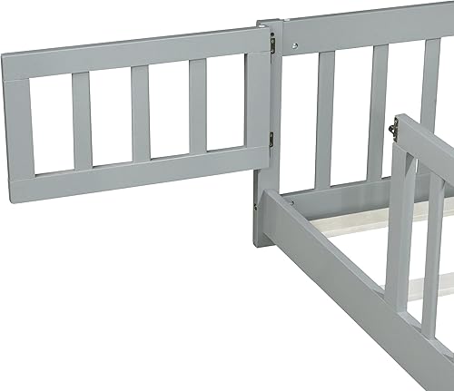 Miniatura 23 de Harper & Bright Designs Cama de suelo tamaño Queen con valla y puerta, marco de cama Montessori de madera para niños, niñas, listones incluidos, no