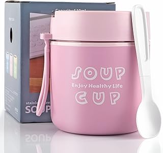 Reastar Insulated Food Container, 18 Ounce Stainless Steel Kids Adult Thermos for Hot Food, Vacuum Insulated Food Jar with Folding Spoon, Leak Proof, Portable Hot Food Container Soup Thermos, Pink
