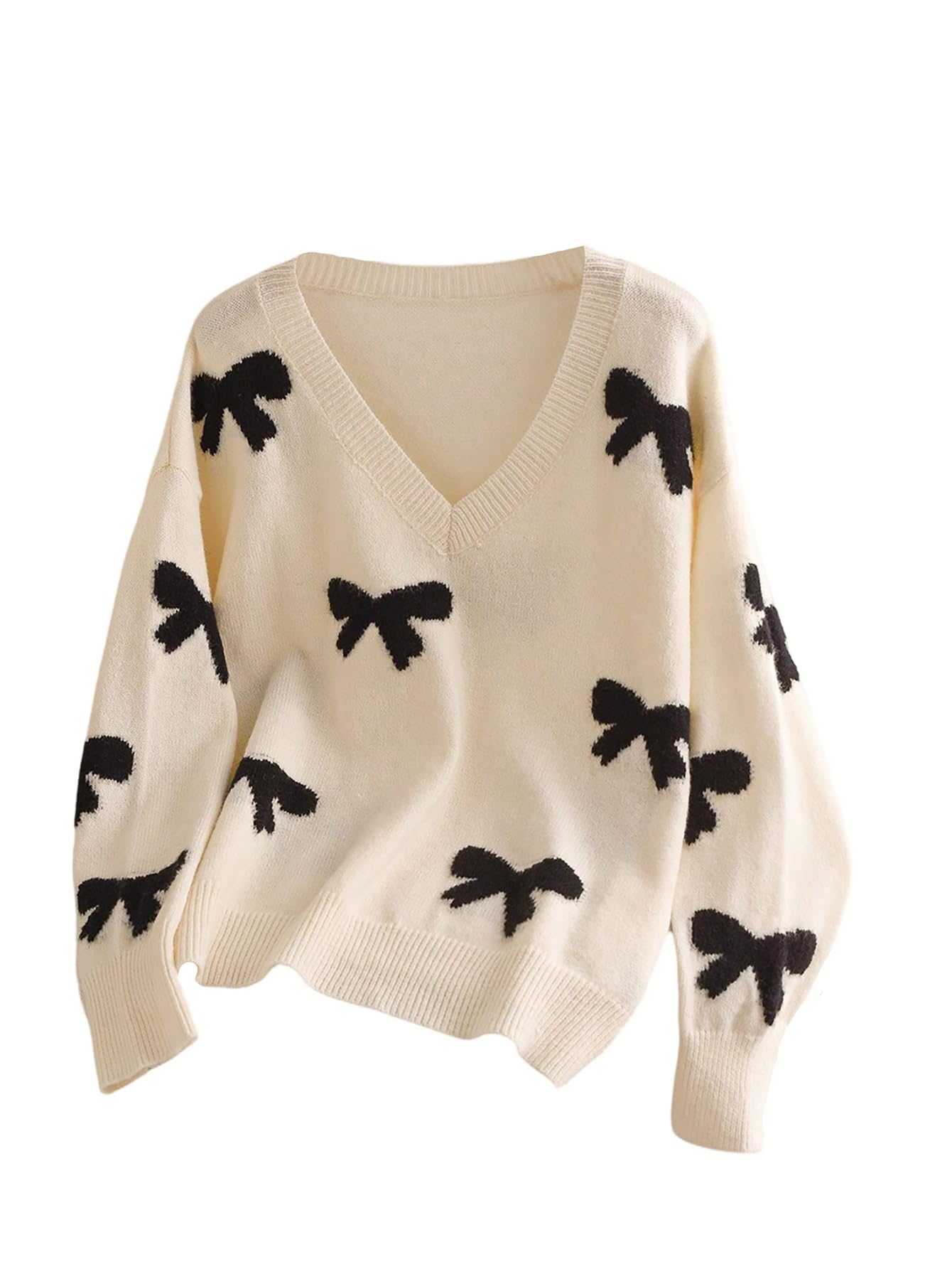 Floerns Womens Plus Size Bow Sweater V Neck Long Sleeve Knit Pullover Sweaters