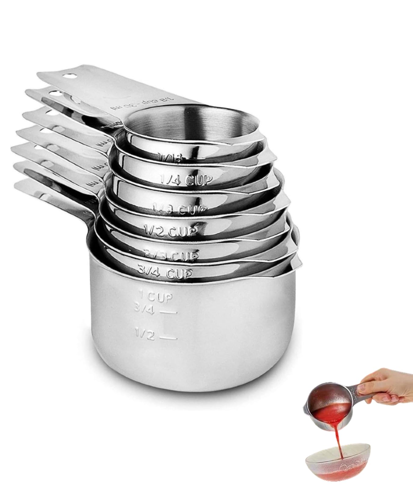 Messbecher aus Edelstahl, 7-teilig, stapelbar, für trockene oder flüssige Zutaten, Küchenhelfer und Utensilien, Metall-Messbecher, ideal zum Kochen und Backen