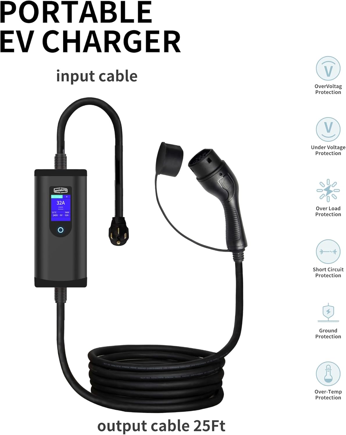 Level 2 EV Charger 32A with NEMA 14-50 Plug & 5-15P Adapter, 25ft Cable, Portable J1772 EVSE, Adjustable 6–32A, APP Control, Electric Vehicle Charging Station, Black