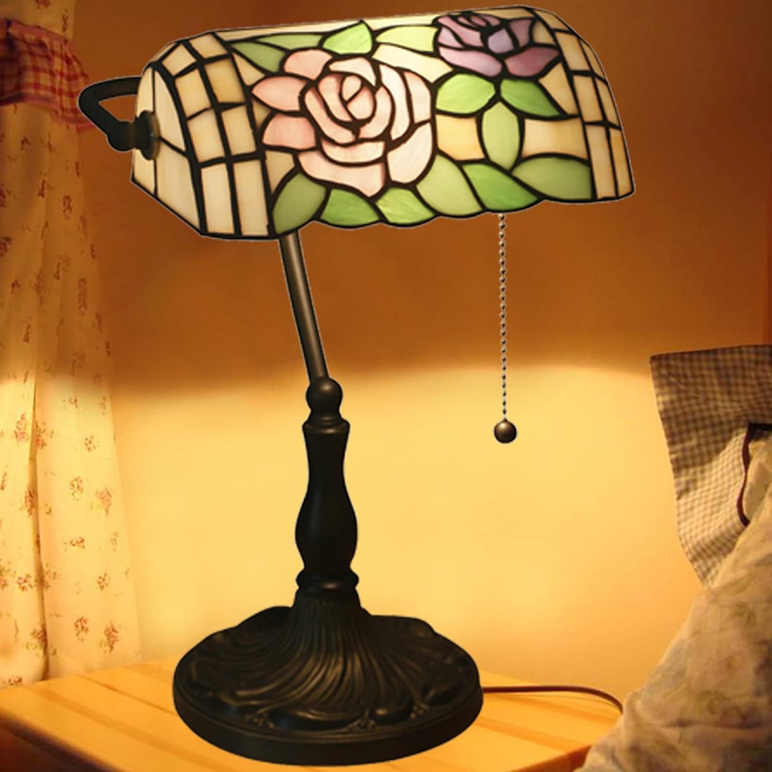 Lampa bankierska Lampa na biurko w stylu Tiffany'ego Czerwona różowa róża Koliber Witraż Lampa stołowa 15 "wysoka luksusowa regulowana lampa fortepianowa dla kochanka Dziewczyna Pani Salon Sypialnia,