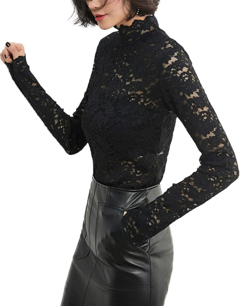 Women's Floral Lace Top Sexy Long Sleeve Mock Neck Casual Shirt Going Out Blouse - Image 3