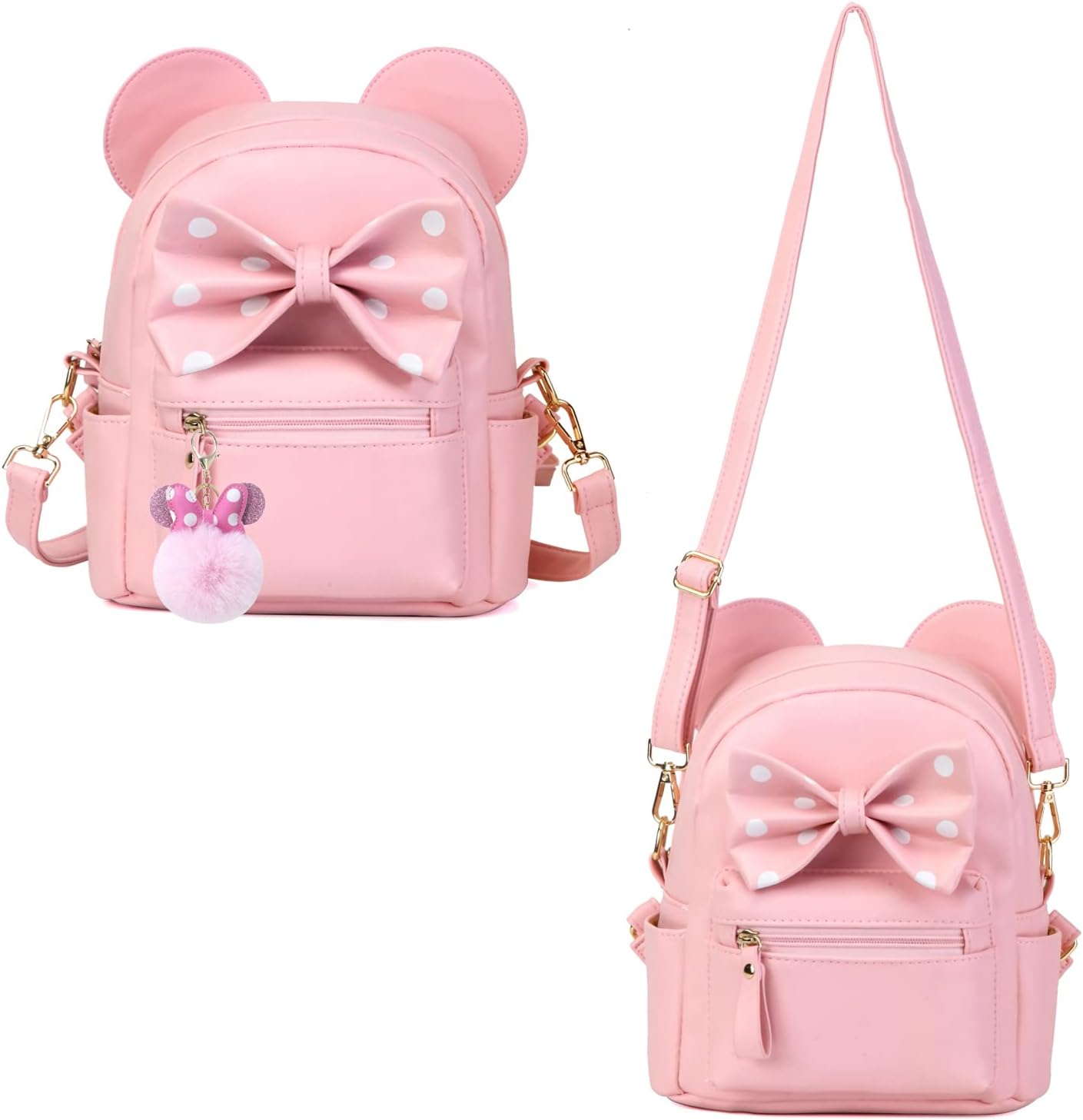 Sunwel Fashion Girls Mini Backpack Purse Mouse Ear Polka-dot Sequin Bow Convertible Backpack to Crossbody Bag for Women (pink polkadot bow, W8.7 x H10)
