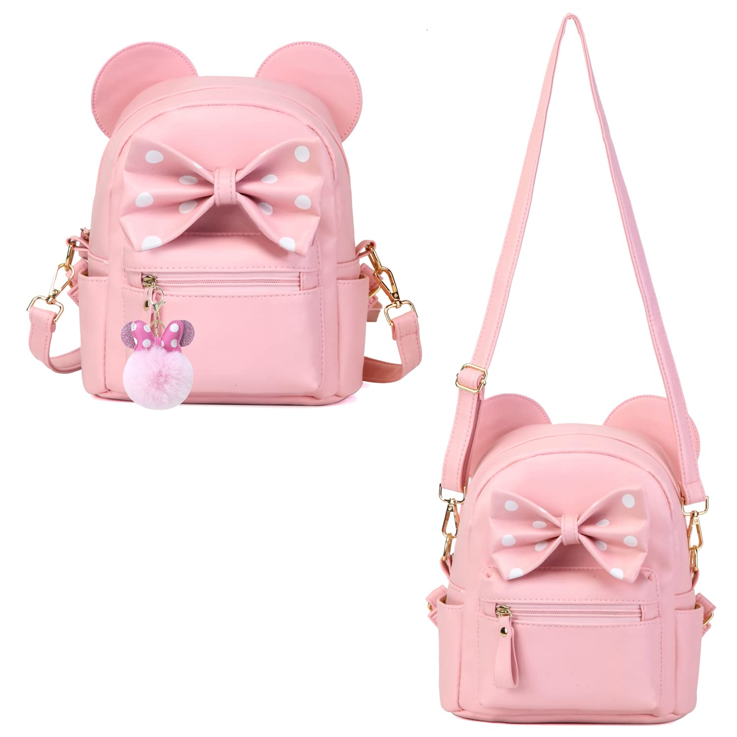 Sunwel Fashion Girls Mini Backpack Purse Mouse Ear Polka-dot Sequin Bow Convertible Backpack to Crossbody Bag for Women (pink polkadot bow, W8.7 x H10