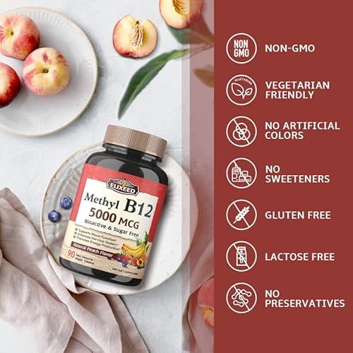 Elixeed Vitamin B12 5000Mcg, Methylcobalamin, Most Bioactive Form, 90 Fast Dissolve Tablets, Blood Function | Energy Production | Nerve System, Natural Peach Flavor, Vegan, Non-Gmo #TOP5