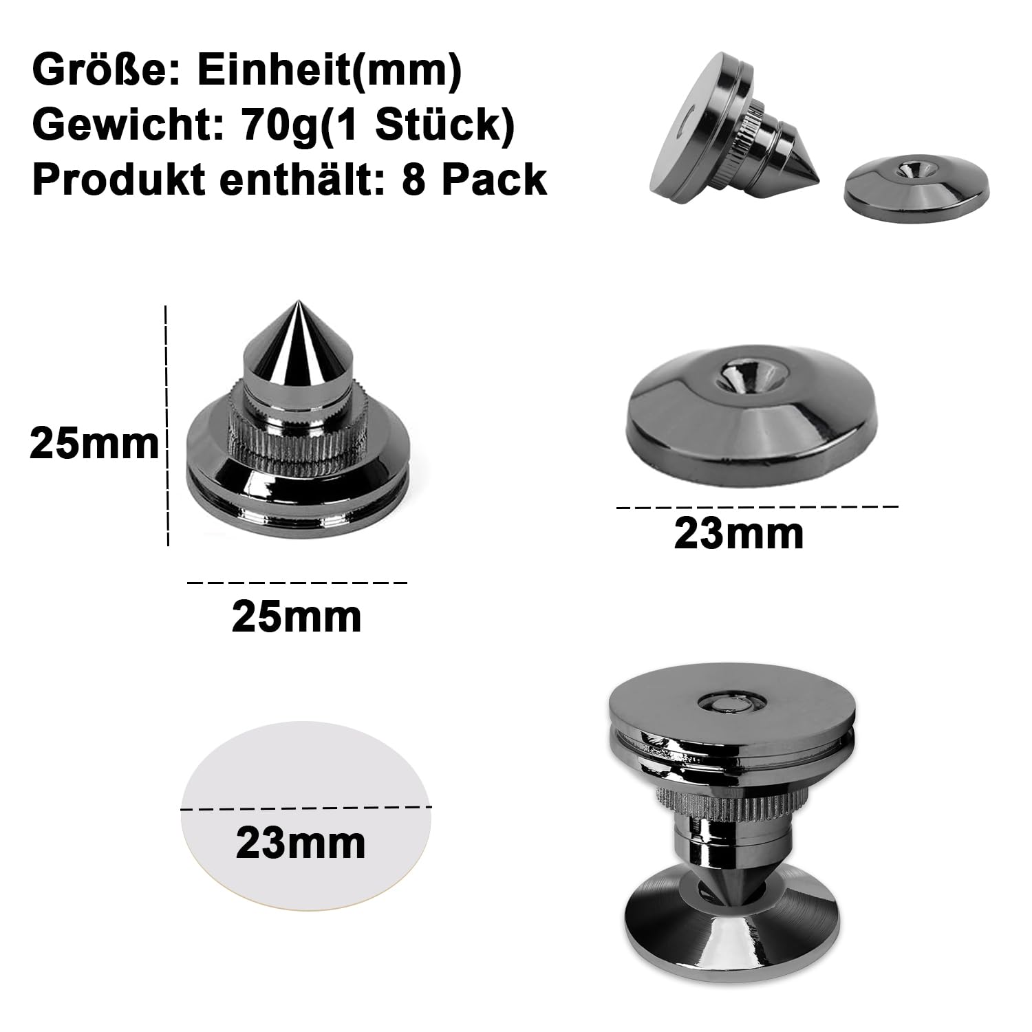 Lot de 8 pics de haut-parleur nickelés 24 K - Protection du sol - Pieds d'isolation résistants aux chocs pour appareils Hi-Fi (noir)