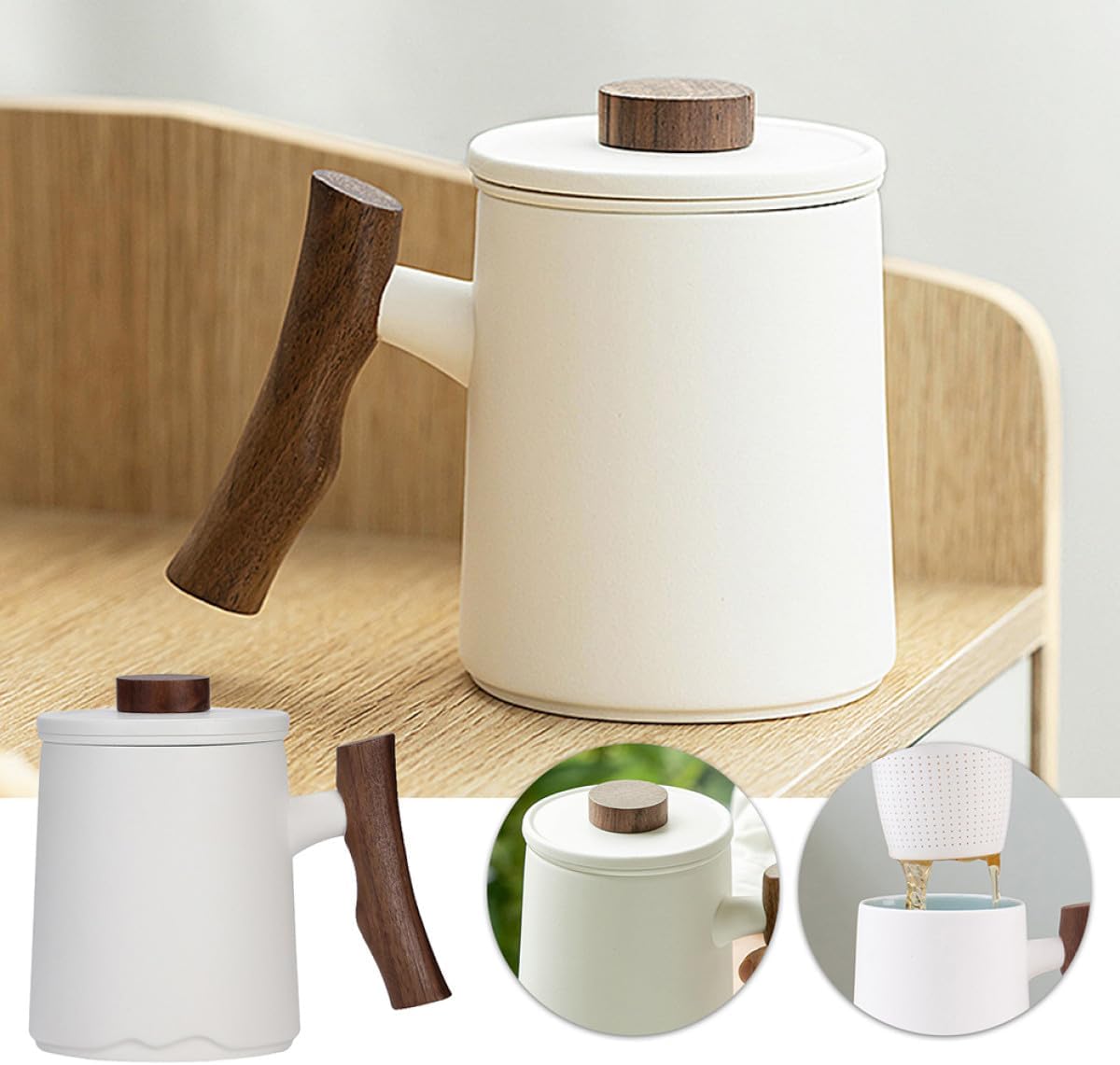 Ceramic Tea Infuser Mug 360ml with Filter and Wood Handle Porcelain Drinking Cup for Home Office Men’s