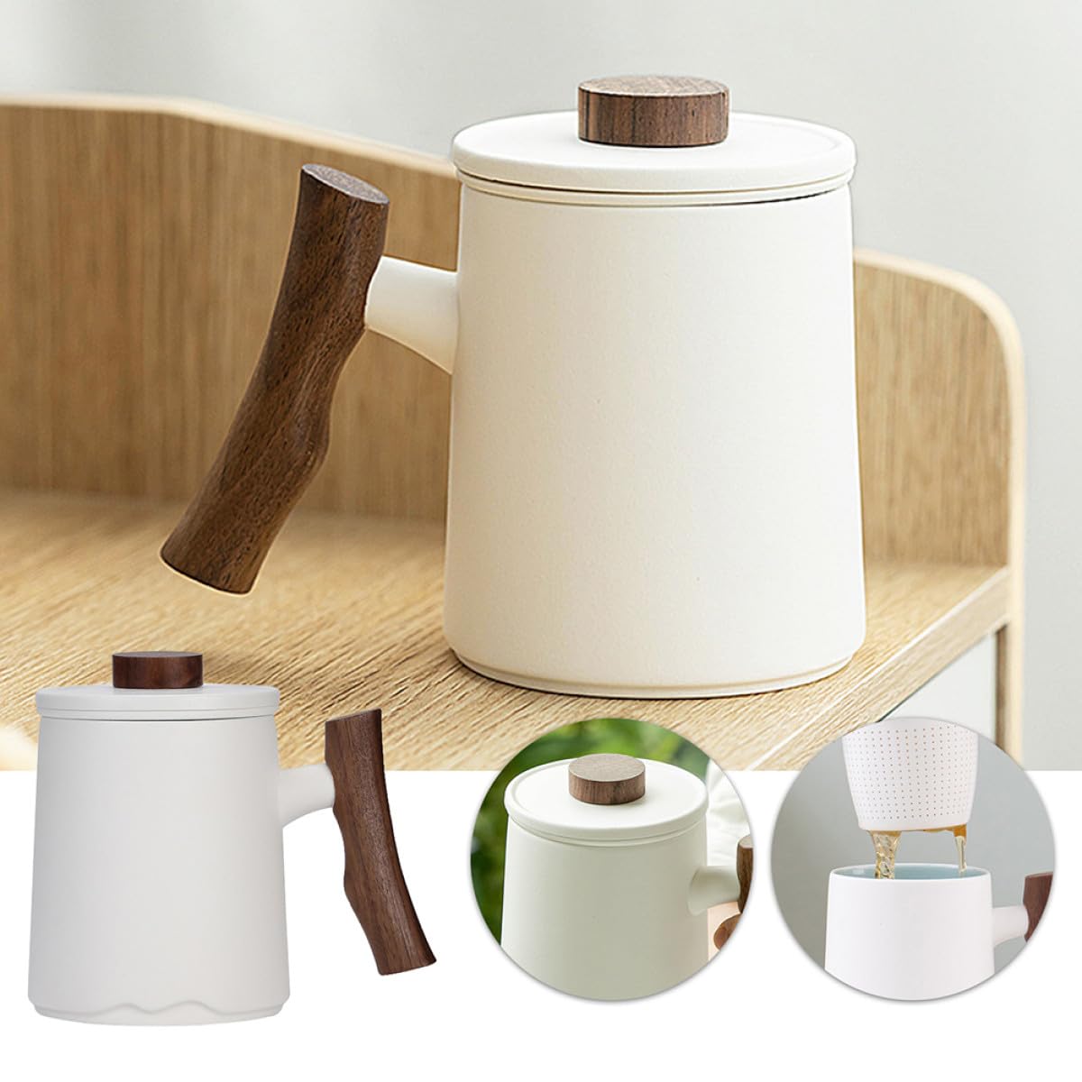 Veemoon Tasse à Thé en Céramique 360 Ml avec Filtre Intégré et Poignée en Bois Blanche Tasse à Boire pour Maison et Bureau Mug à Infusion avec Séparation Thé et Eau pour Infusion