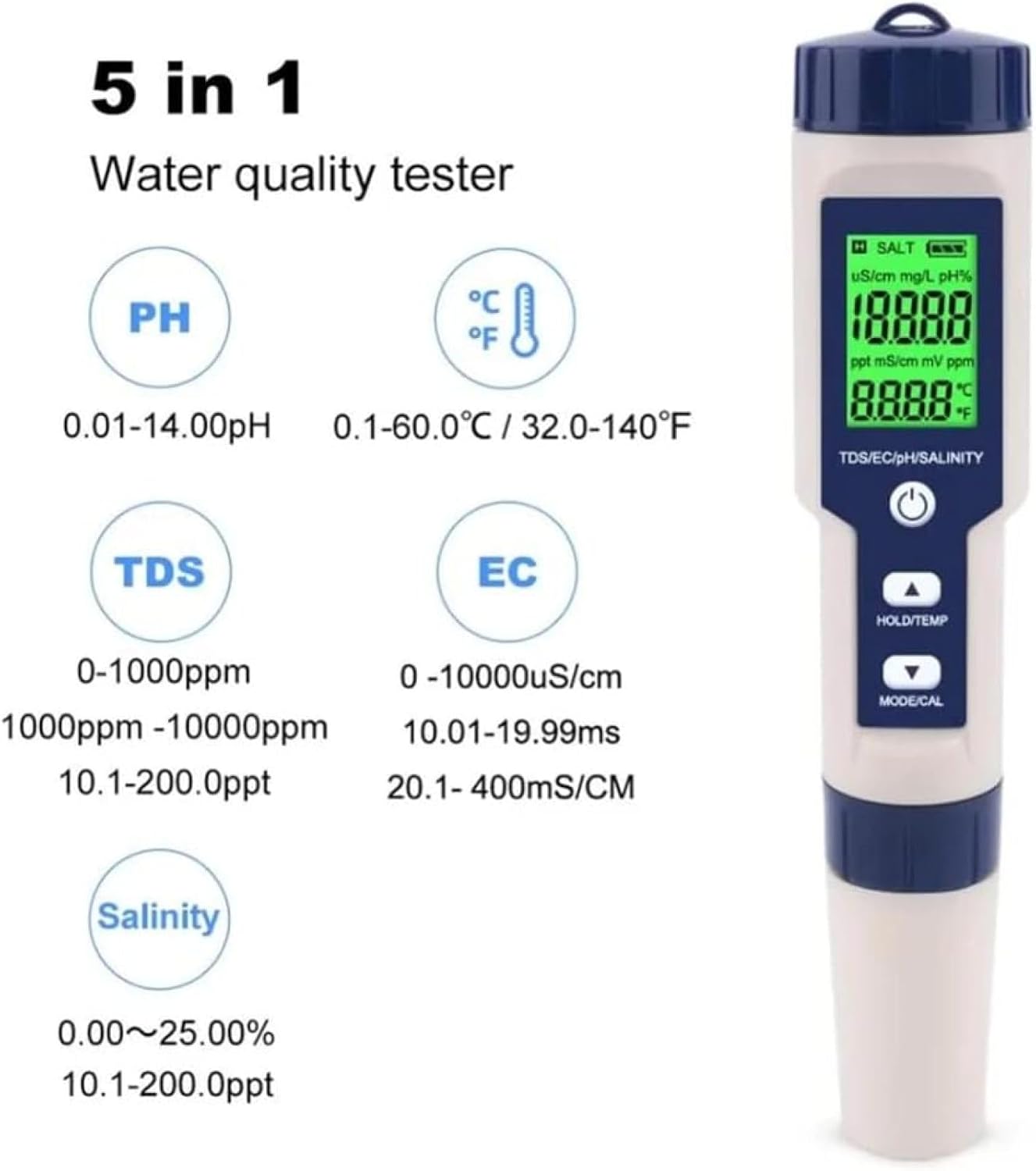 Pool Salt Tester, 5 in 1 Water Quality Tester, Saltwater Pool PH Tester, Salt Meter, Water Quality Testing Meter, for Swimming Pools, Hot Tubs, Swim Spas, Spa, Pond Test