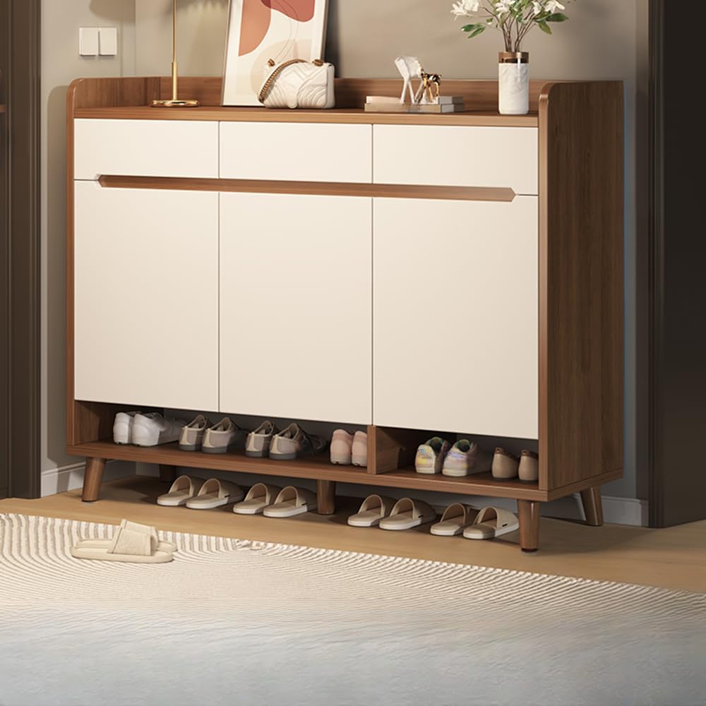 LITFAD Modern Simple Hidden Shoe Shelving Wood Shoe Storage Cabinet with Door, Adaptable Shelf, Closed Back & 3 Drawers Entryway Free Standing Shoe Organizer, Brown/White, 39.4" L x 12.6" W x 39.4" H