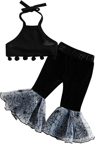 Conjunto de 2 piezas para bebé niña pequeña, camiseta de manga corta con letras, pantalones acampanados, pantalones acampanados, ropa de festival