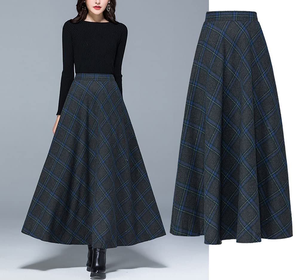 Jupe Longue Femme Hiver Vintage Élégant Taille Haute Carreaux Taille élastique Maxi Jupe Laine Chaud A-Line Plissée Jupe Casual Party I Grau XL