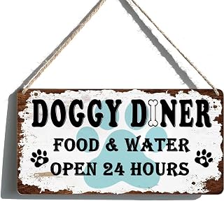 Funny Dog Food Sign Doggy Diner Signs Home Pet Room Decor Gifts for Dog Lovers Rustic Wooden Hanging Signs Farmhouse Wall Decorations (6x12 Inches)