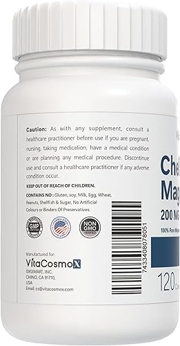 Miniatura 3 de VitaCosmoX Bisglicinato de magnesio quelado, 200 mg, 120 cápsulas veganas, 60 porciones, sin gluten, sin OMG y apto para vegetarianos