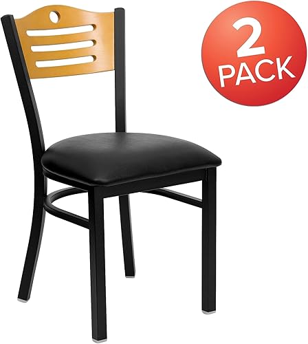 Miniatura 4 de Flash Furniture HERCULES Series - Silla de restaurante de metal con respaldo de listones negros, respaldo de madera natural, asiento de vinilo negro