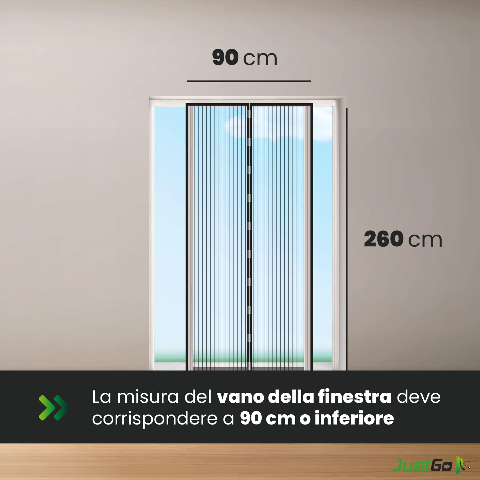 JustGo Zanzariera Magnetica Porta Finestra Adattabile e Regolabile, Chiusura Automatica a Calamite, Istruzioni di Montaggio Chiare, Calamite Potenti, Nero, 90 x 260 cm
