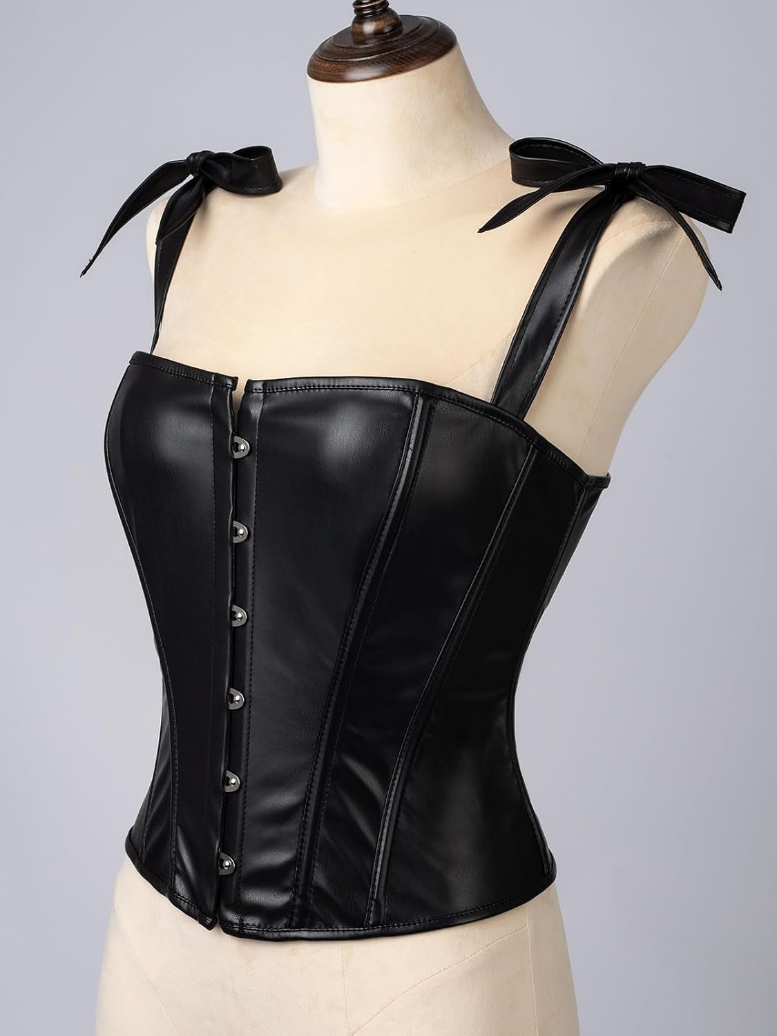 Cosfun Womens Faux Leather Hook Front Corset Tie Shoulder Bustier Tops Lace Up Back Corsets