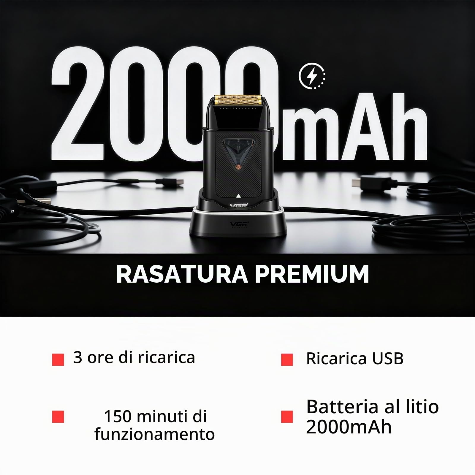 VGR 334 Rasoio Elettrico Barba Professionale Per Uomo Elettrico, Foil Shaver Barba Con Motore Vettoriale da 10000 Giri/Min, Shaver Capelli con Base di Ricarica Wireless, Luci a LED e Borsa da Viaggio