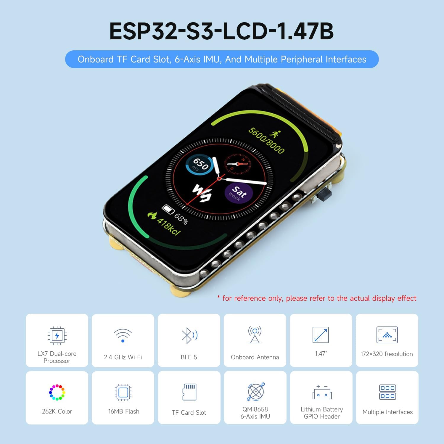 Waveshare ESP32-S3 1.47inch LCD Display Development Board, 172×320 Resolution, 262K Display Color, Supports 2.4GHz Wi-Fi/BLE 5, 240MHz LX7 Dual-core Processor, ESP32 with Display